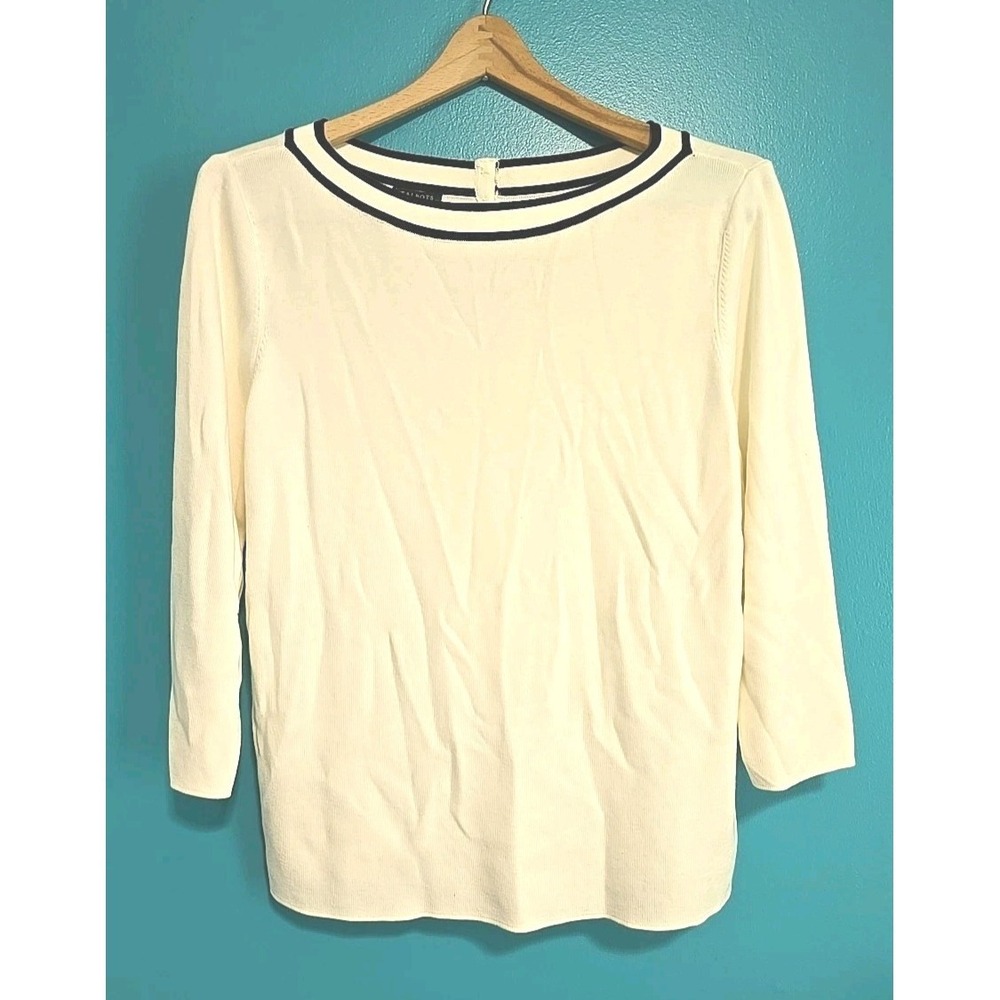 NWT Talbots Size XL Women Pullover Top Cotton Nylon Ivory Black Trim 3/4 Sleeve